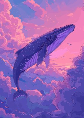 Whale Flying on Sky Retro