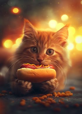 Funny Cat Eating Hot Dog