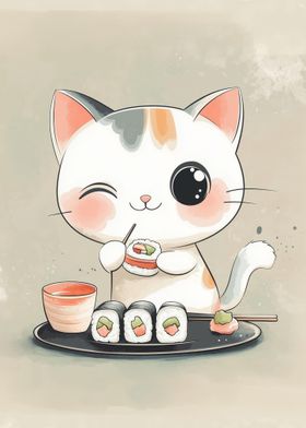 Kitty Eating Sushi