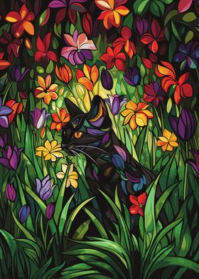 Black Cat with Flowers Art