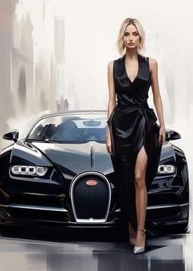 Woman in black and Bugatti