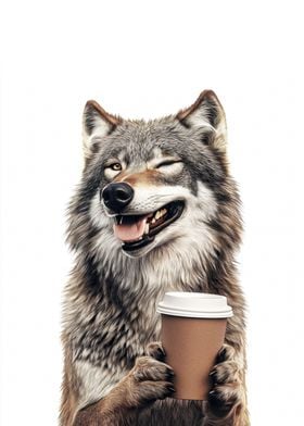 wolf drinking coffee