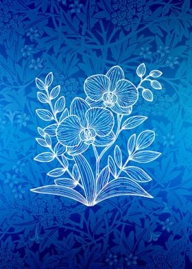 Blue White Orchid Line Art