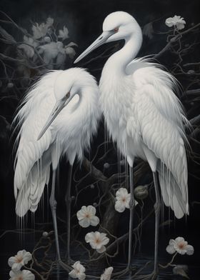 White cranes and flowers