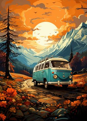 Retro VW Bus Mountain Ride