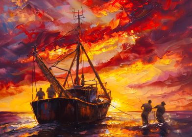 Fishermen In Blazing Storm