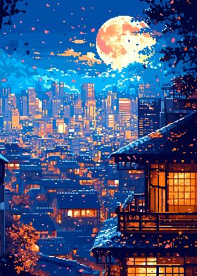 Japan City Night Pixel