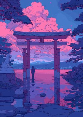 Torii Gate Lofi Pink Retro