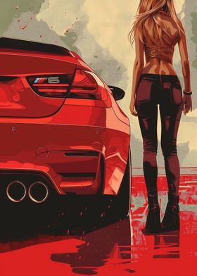 Red BMW car and girl