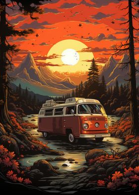 Retro VW Bus Mountain Ride