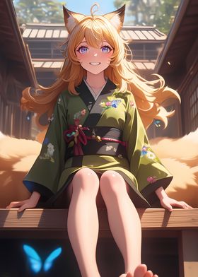 Fox Girl in Green Kimono