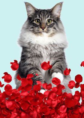 gray cat and red roses