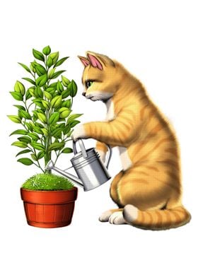 Cat Watering Plants