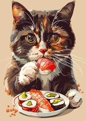 Cute cat eating sushi