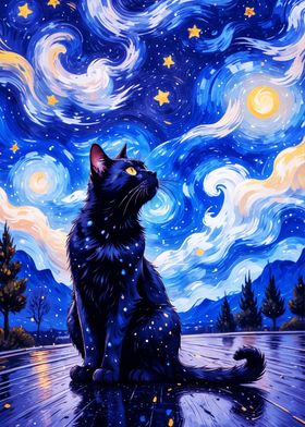 Cat Love Van Gogh night