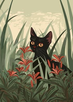 Black Cat with Lilies Art