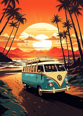 Retro VW Bus Beach Travel