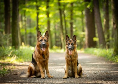 Two purebred dogs on path