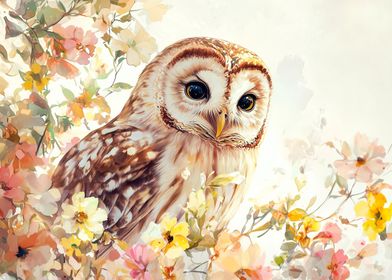 Owl In Flowers Watercolor