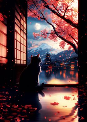 Serene cute cat scenery