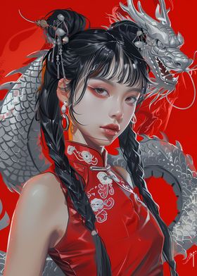 Asian Woman And Dragon