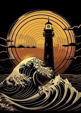 Lighthouse At Night Poster