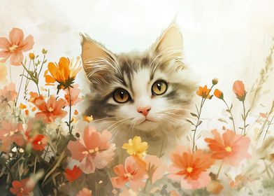 Cute Kitten In Flowers