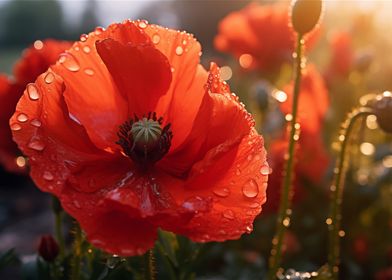 Red Poppy Flower Droplets