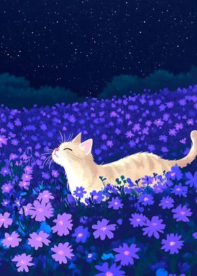 Whit Cat in Flower Field