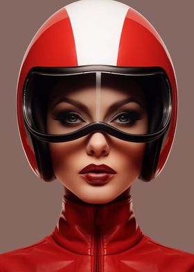 Woman in red racing helmet