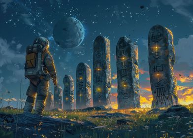 astronaut and alien temple