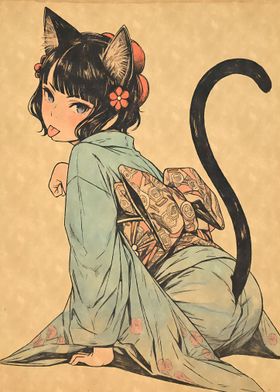 Vintage Cat Girl Woodblock