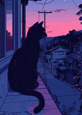 Black Cat Lofi Pink Retro