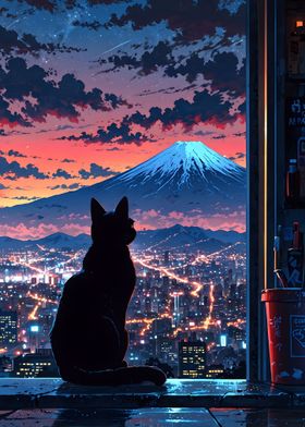 Neon Tokyo Black Cat Sits