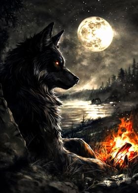 black wolf under full moon