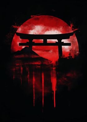 A torii gate silhouetted a