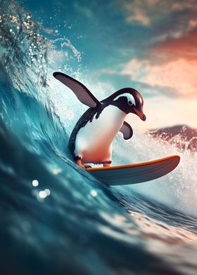 Penguin on a surf