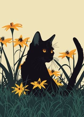 Black Cat with Yellow Lily