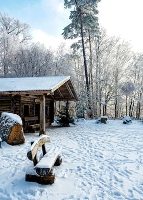 A wooden hut in the snow