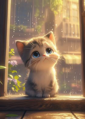 Cute Anime Kitten in rain