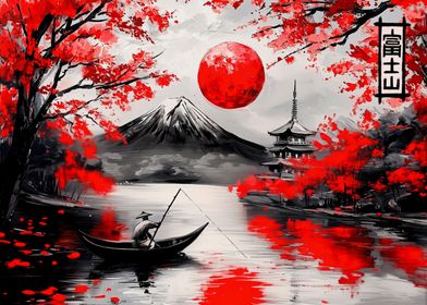 Mt Fuji red painting style