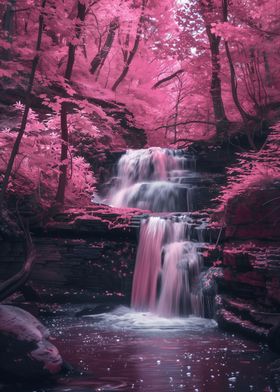 Sakura Trees And Waterfall