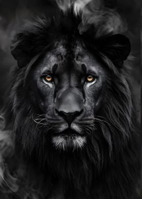 black wild lion in smoke