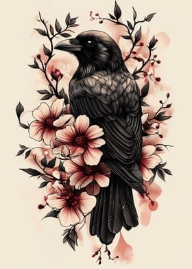 Raven with pink flowers