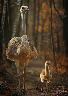 Mother And Baby Ostrich