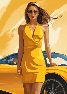 Woman in yellow and car