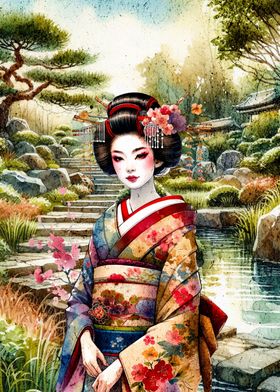 Geisha in  Japanese Garden