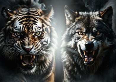 wild tiger VS wolf poster