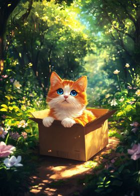 Cat On A Box in Forest 