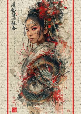 Retro geisha dragon